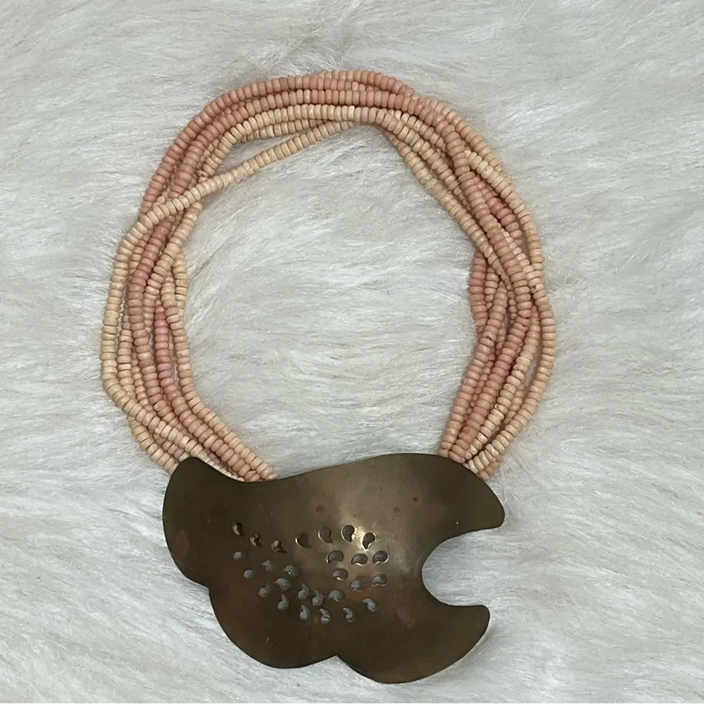 Vintage Artisan Coral Shell/Aged Brass Centerpiece Necklace --‎ OS